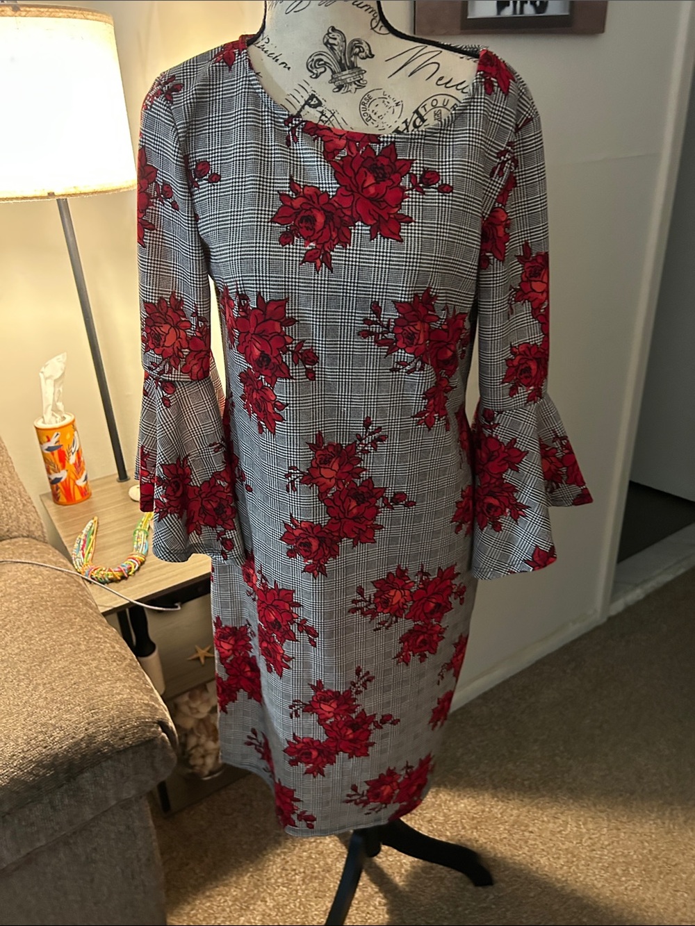 Olivia Matthews Plaid Midi Dress with Red Floral Print - Picture 1 of 2